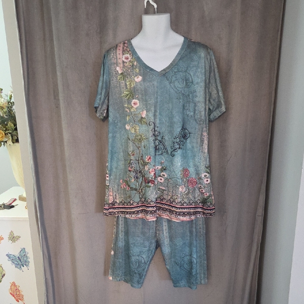 NWOT XXL 2 Piece Floral V-Neck Women's Set in Blue and Pink